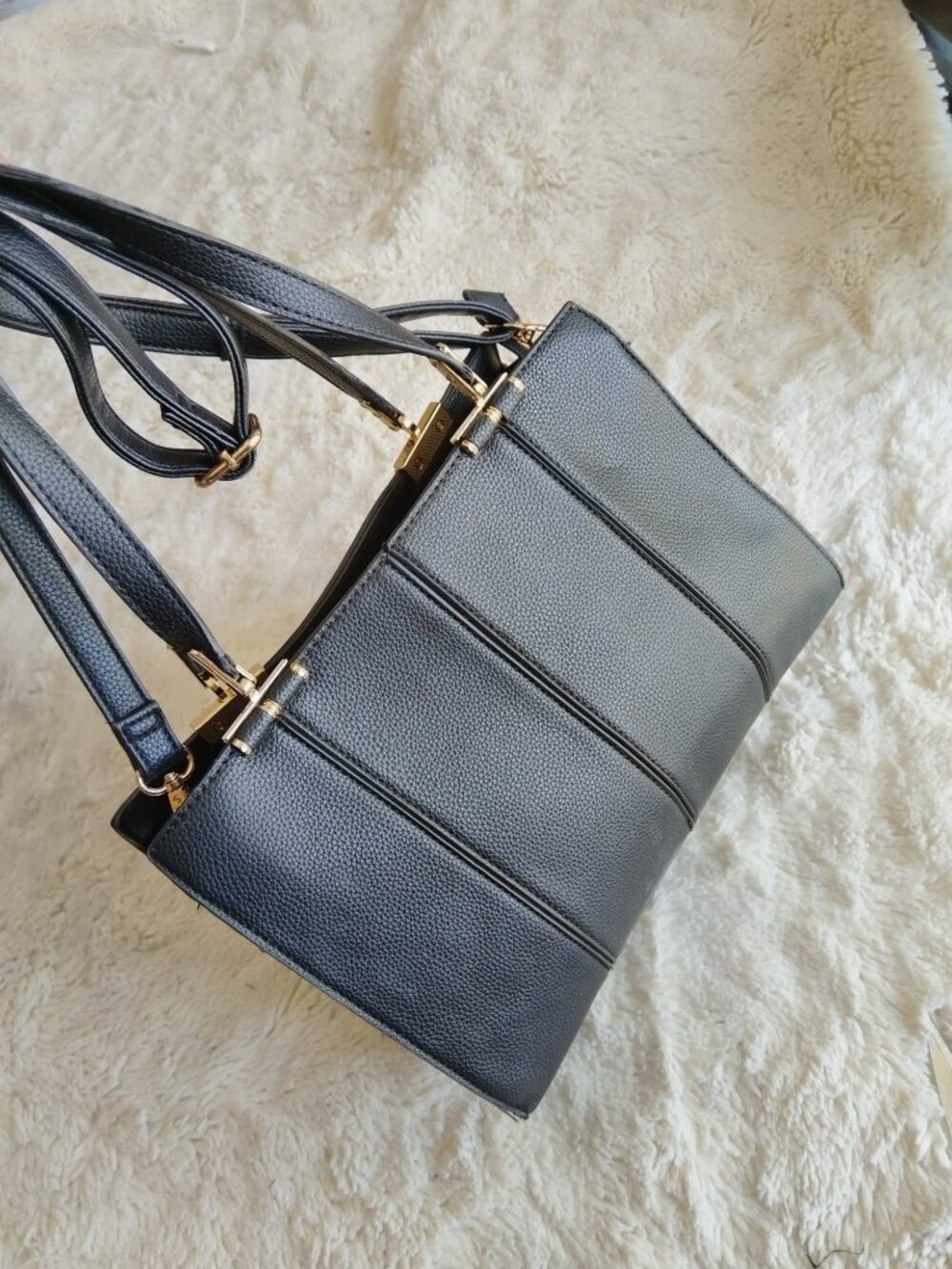 Black Pebbled Faux Leather Satchel Tote Shoulder Bag Gold Hardware Striped Linin